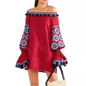 March 11 Red Tribal Motif Embroidered Linen Off the Shoulder Mini Dress Size M